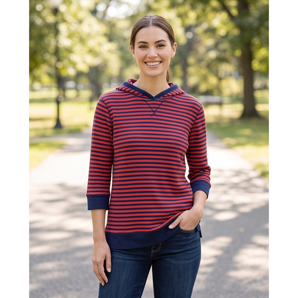 Lauren Ralph Lauren Active 3X‎ Waffle Knit Striped Hoodie Red Navy Cozy